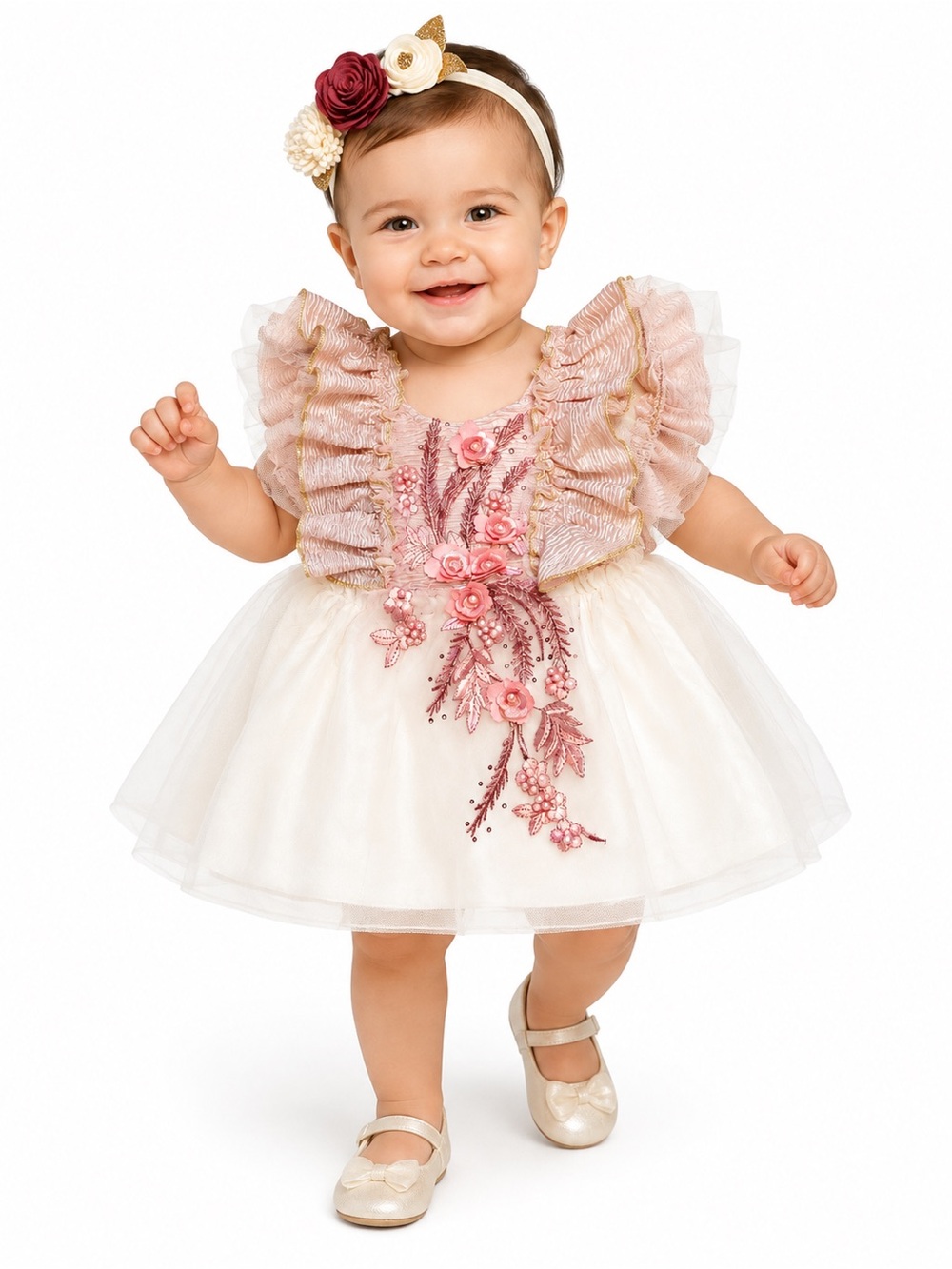 Rose Gold 3D Floral Pageant Dress Birthday Thanksgiving matching headband 12mos